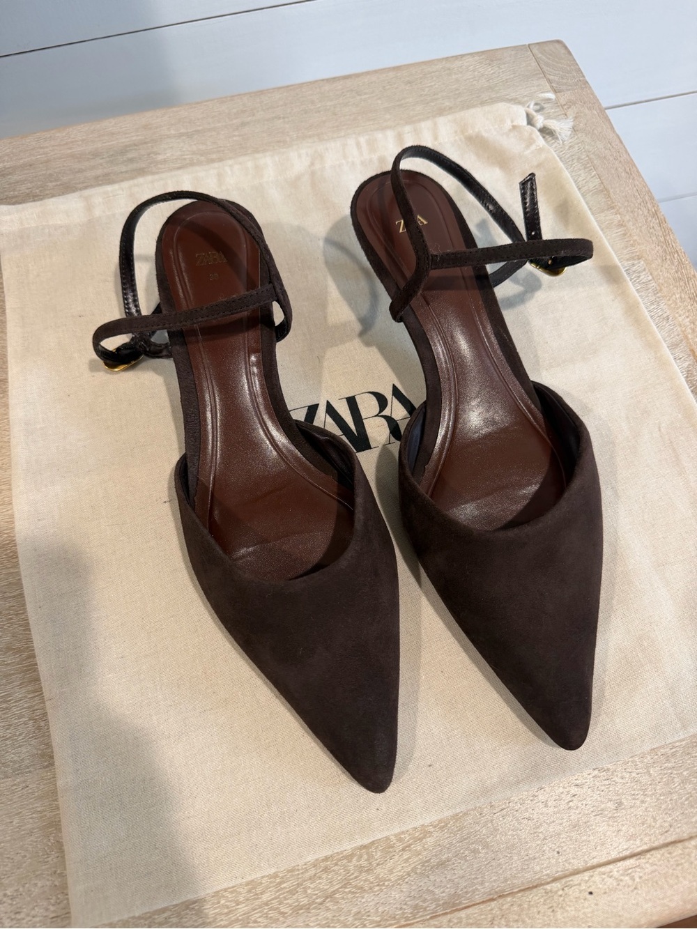 ZARA Dark Brown Suede Pointed Toe Ankle Strap Heels size 38/US 7.5